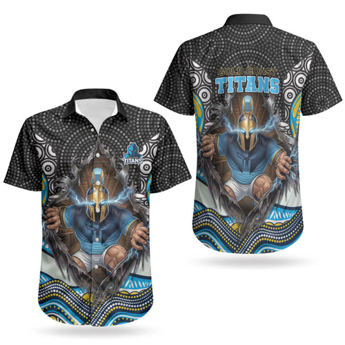 Gold Coast Titans Couples Matching Puletasi and Hawaiian Shirt The Scream of Lightning Eyes - Indigenous Dot Ripping Effect