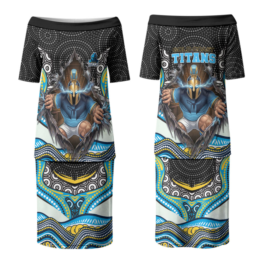 Gold Coast Titans Couples Matching Puletasi and Hawaiian Shirt The Scream of Lightning Eyes - Indigenous Dot Ripping Effect