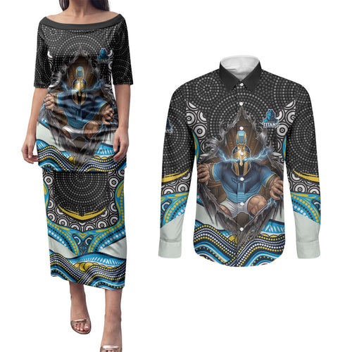 Gold Coast Titans Couples Matching Puletasi and Long Sleeve Button Shirt The Scream of Lightning Eyes - Indigenous Dot Ripping Effect