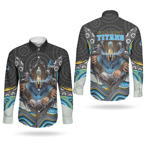 Gold Coast Titans Couples Matching Puletasi and Long Sleeve Button Shirt The Scream of Lightning Eyes - Indigenous Dot Ripping Effect