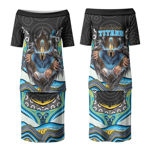 Gold Coast Titans Couples Matching Puletasi and Long Sleeve Button Shirt The Scream of Lightning Eyes - Indigenous Dot Ripping Effect