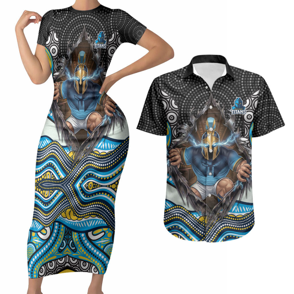 Gold Coast Titans Couples Matching Short Sleeve Bodycon Dress and Hawaiian Shirt The Scream of Lightning Eyes - Indigenous Dot Ripping Effect
