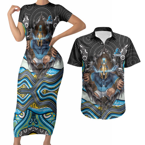 Gold Coast Titans Couples Matching Short Sleeve Bodycon Dress and Hawaiian Shirt The Scream of Lightning Eyes - Indigenous Dot Ripping Effect