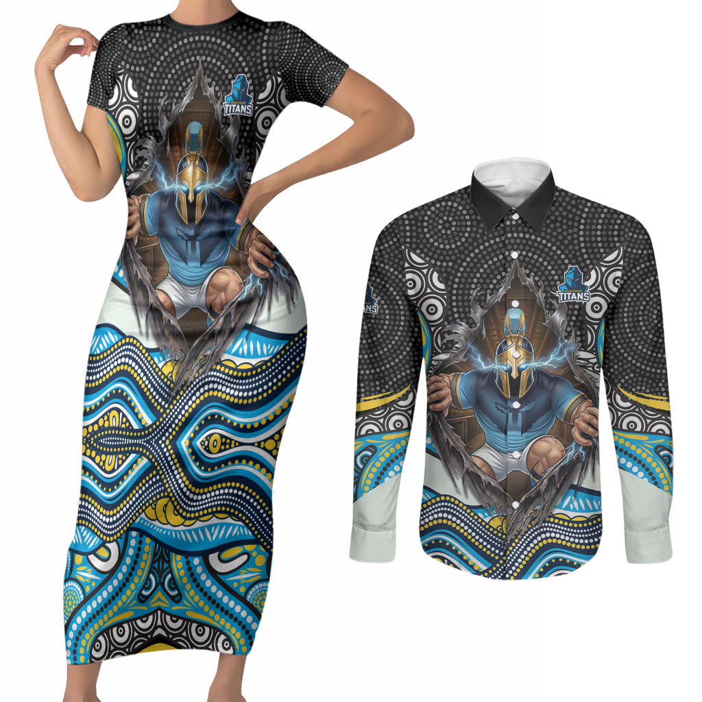 Gold Coast Titans Couples Matching Short Sleeve Bodycon Dress and Long Sleeve Button Shirt The Scream of Lightning Eyes - Indigenous Dot Ripping Effect