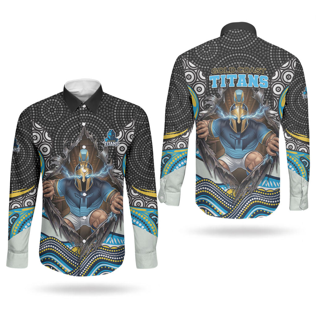 Gold Coast Titans Couples Matching Short Sleeve Bodycon Dress and Long Sleeve Button Shirt The Scream of Lightning Eyes - Indigenous Dot Ripping Effect