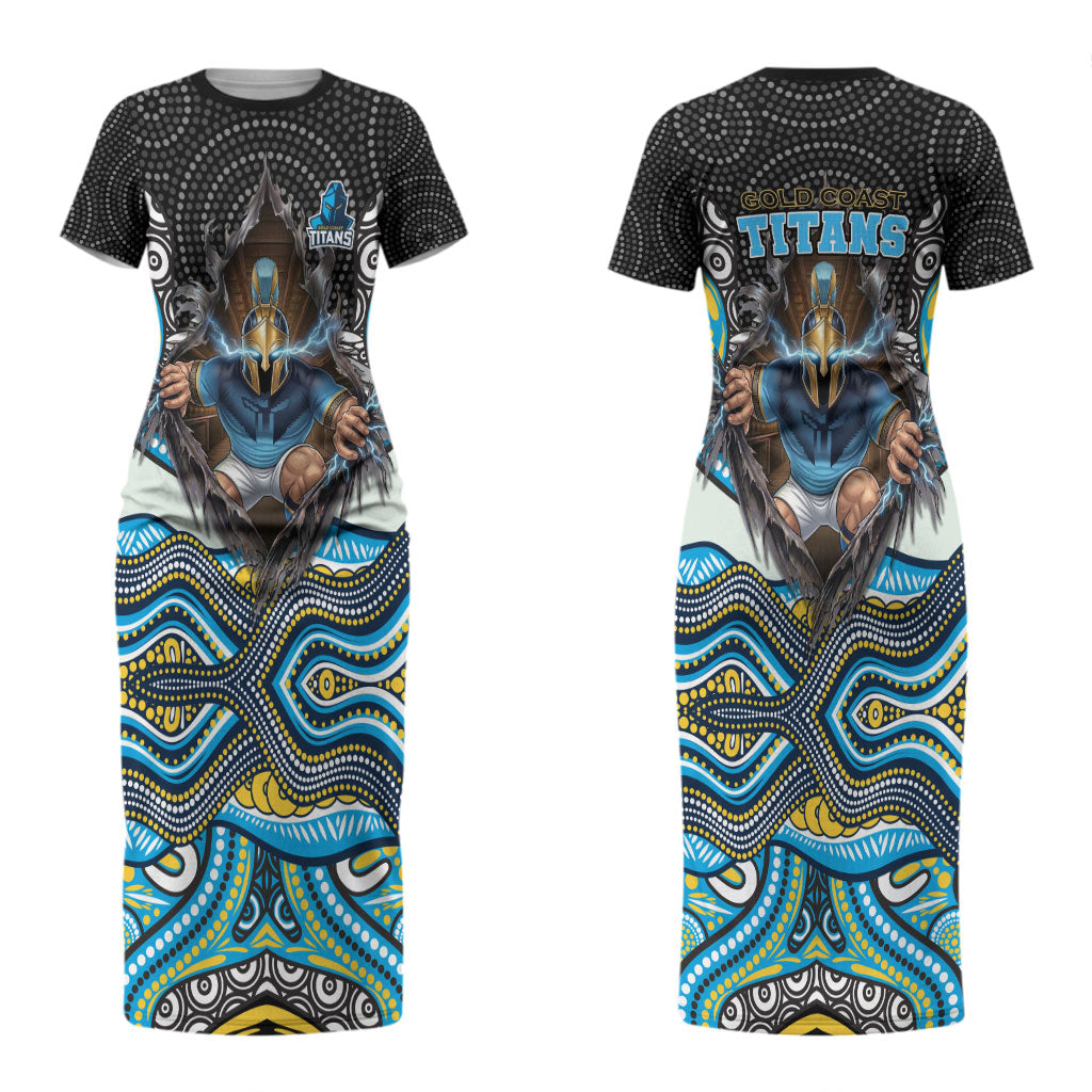 Gold Coast Titans Couples Matching Short Sleeve Bodycon Dress and Long Sleeve Button Shirt The Scream of Lightning Eyes - Indigenous Dot Ripping Effect