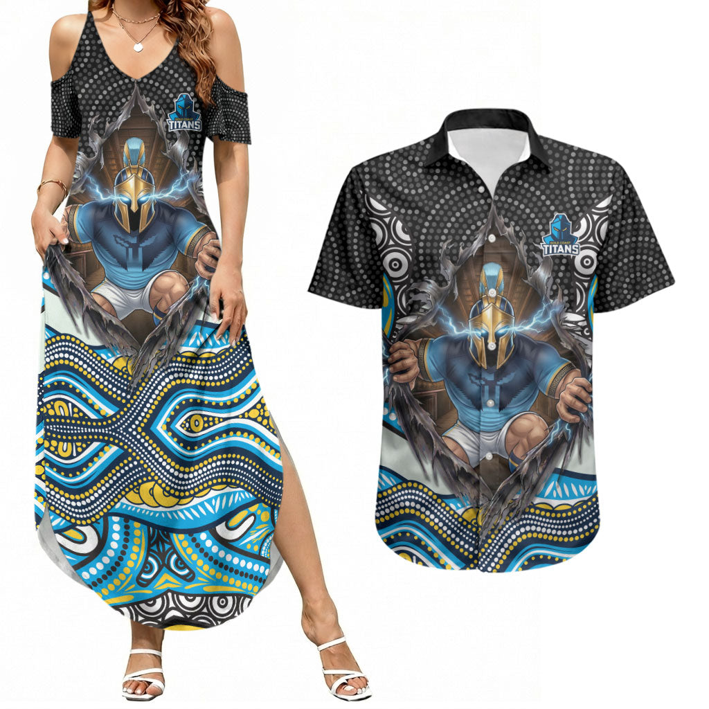 Gold Coast Titans Couples Matching Summer Maxi Dress and Hawaiian Shirt The Scream of Lightning Eyes - Indigenous Dot Ripping Effect