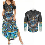 Gold Coast Titans Couples Matching Summer Maxi Dress and Long Sleeve Button Shirt The Scream of Lightning Eyes - Indigenous Dot Ripping Effect