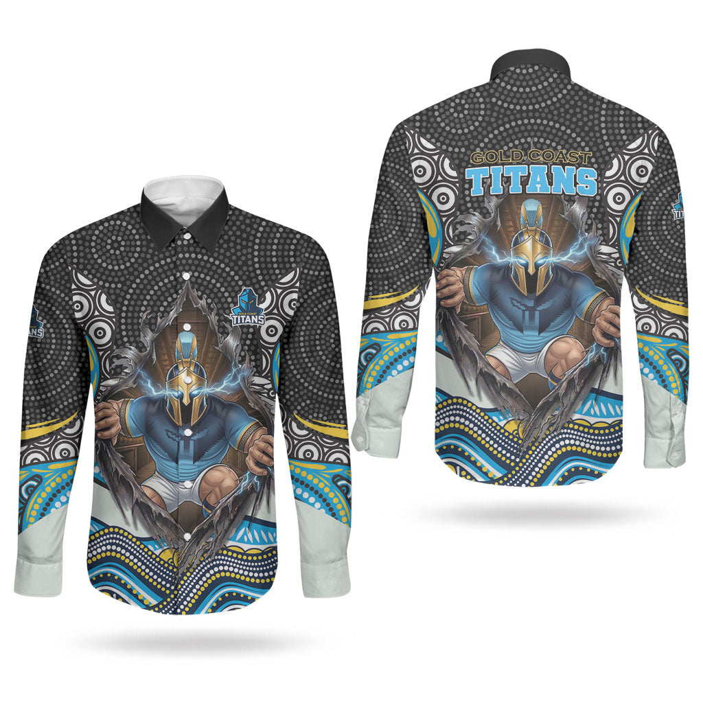 Gold Coast Titans Couples Matching Summer Maxi Dress and Long Sleeve Button Shirt The Scream of Lightning Eyes - Indigenous Dot Ripping Effect