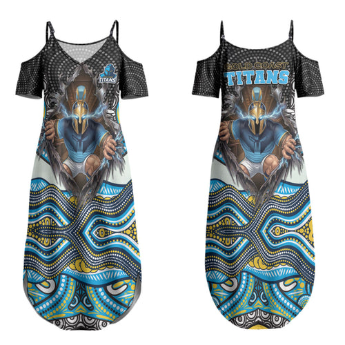 Gold Coast Titans Couples Matching Summer Maxi Dress and Long Sleeve Button Shirt The Scream of Lightning Eyes - Indigenous Dot Ripping Effect