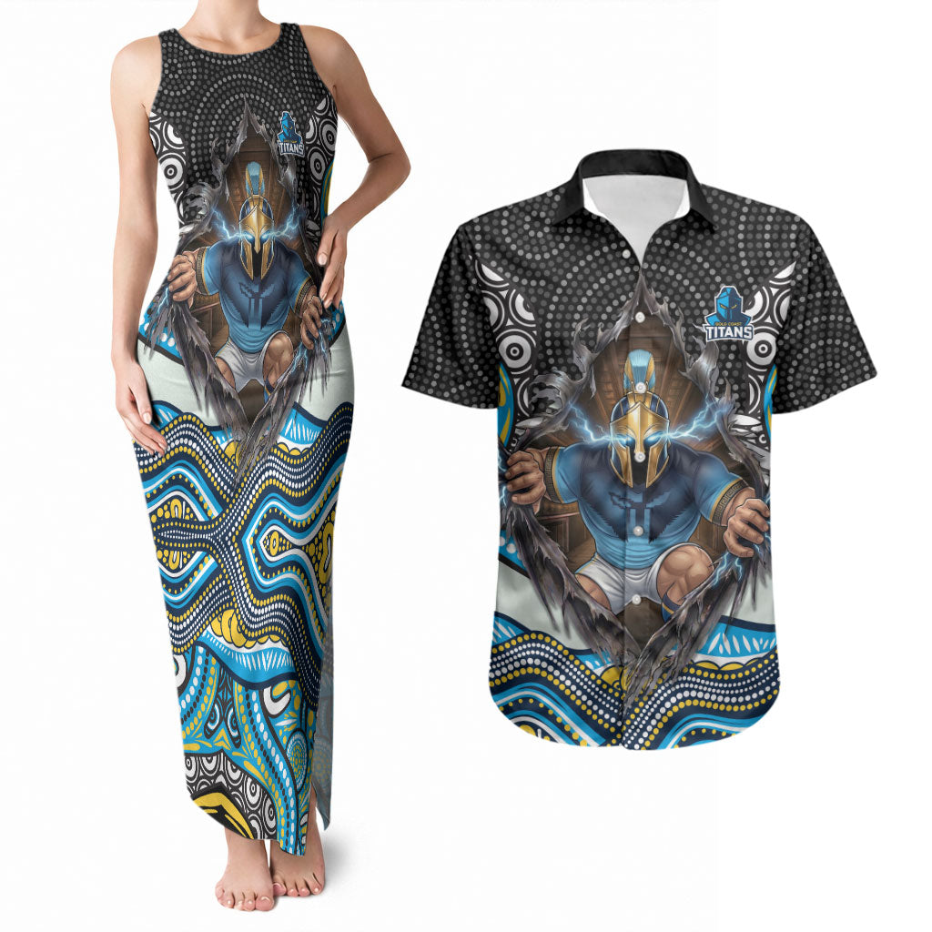 Gold Coast Titans Couples Matching Tank Maxi Dress and Hawaiian Shirt The Scream of Lightning Eyes - Indigenous Dot Ripping Effect