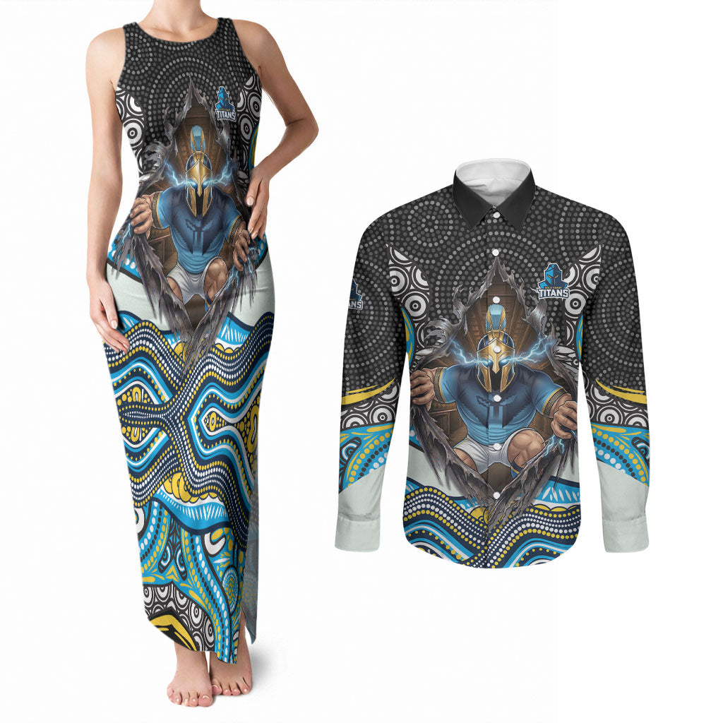 Gold Coast Titans Couples Matching Tank Maxi Dress and Long Sleeve Button Shirt The Scream of Lightning Eyes - Indigenous Dot Ripping Effect