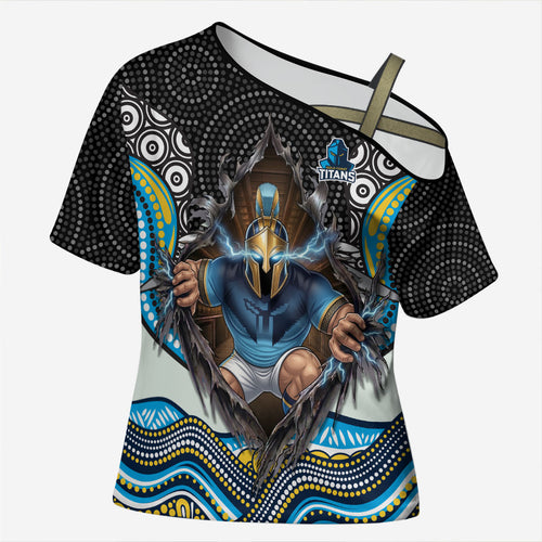 Gold Coast Titans Cross Shoulder Shirt The Scream of Lightning Eyes - Indigenous Dot Ripping Effect