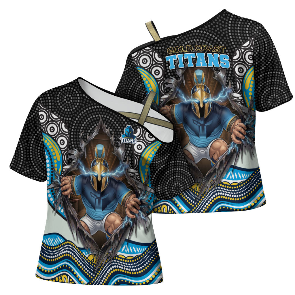 Gold Coast Titans Cross Shoulder Shirt The Scream of Lightning Eyes - Indigenous Dot Ripping Effect