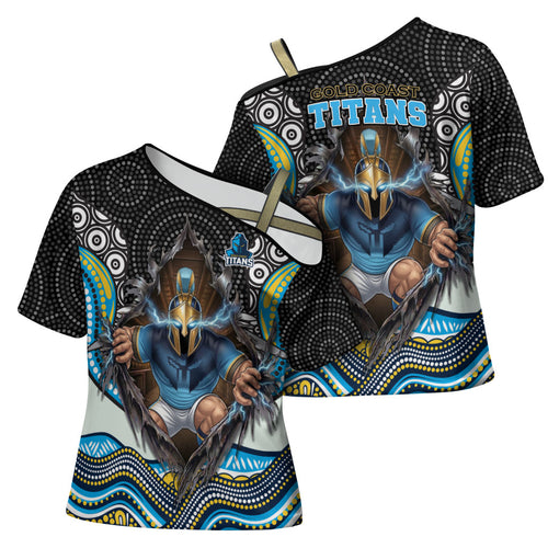Gold Coast Titans Cross Shoulder Shirt The Scream of Lightning Eyes - Indigenous Dot Ripping Effect
