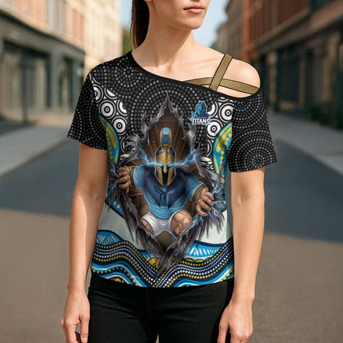 Gold Coast Titans Cross Shoulder Shirt The Scream of Lightning Eyes - Indigenous Dot Ripping Effect