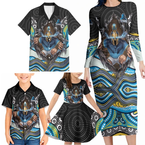 Gold Coast Titans Family Matching Long Sleeve Bodycon Dress and Hawaiian Shirt The Scream of Lightning Eyes - Indigenous Dot Ripping Effect