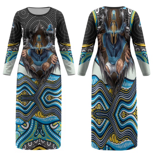 Gold Coast Titans Family Matching Long Sleeve Bodycon Dress and Hawaiian Shirt The Scream of Lightning Eyes - Indigenous Dot Ripping Effect