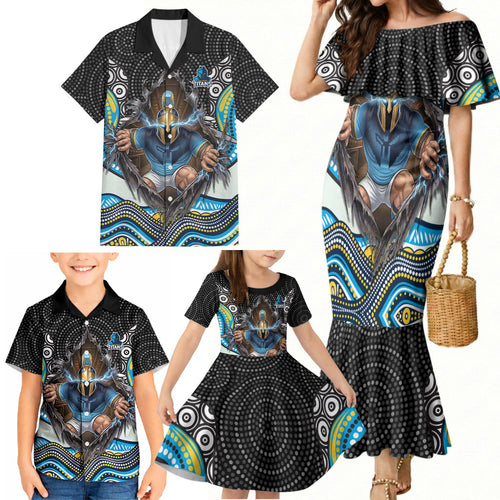 Gold Coast Titans Family Matching Mermaid Dress and Hawaiian Shirt The Scream of Lightning Eyes - Indigenous Dot Ripping Effect