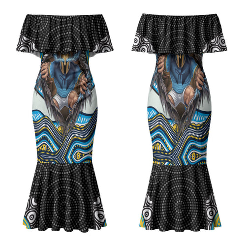 Gold Coast Titans Family Matching Mermaid Dress and Hawaiian Shirt The Scream of Lightning Eyes - Indigenous Dot Ripping Effect
