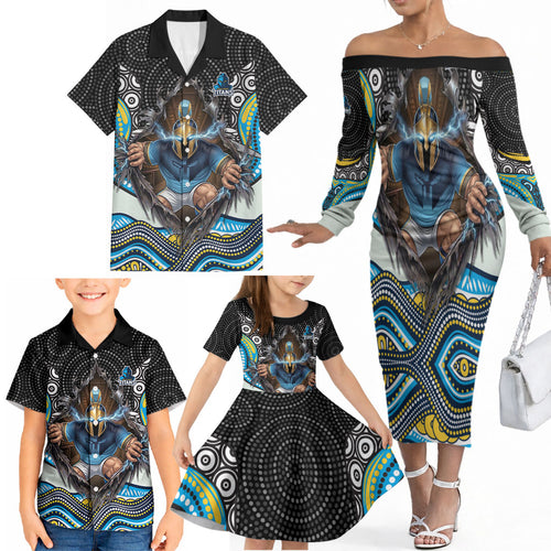 Gold Coast Titans Family Matching Off The Shoulder Long Sleeve Dress and Hawaiian Shirt The Scream of Lightning Eyes - Indigenous Dot Ripping Effect