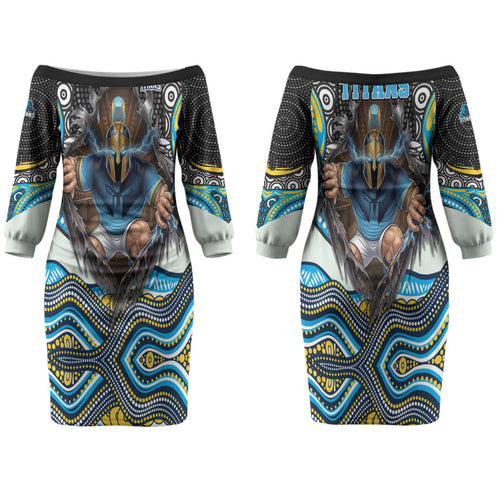 Gold Coast Titans Family Matching Off The Shoulder Long Sleeve Dress and Hawaiian Shirt The Scream of Lightning Eyes - Indigenous Dot Ripping Effect