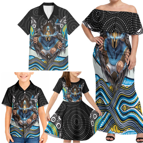 Gold Coast Titans Family Matching Off Shoulder Maxi Dress and Hawaiian Shirt The Scream of Lightning Eyes - Indigenous Dot Ripping Effect