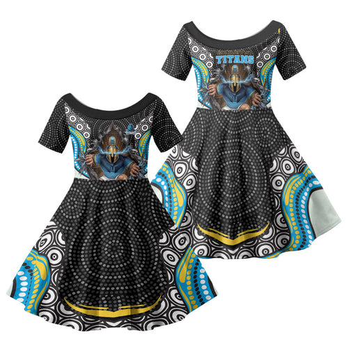 Gold Coast Titans Family Matching Off Shoulder Maxi Dress and Hawaiian Shirt The Scream of Lightning Eyes - Indigenous Dot Ripping Effect
