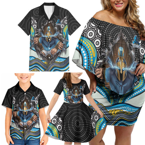 Gold Coast Titans Family Matching Off Shoulder Short Dress and Hawaiian Shirt The Scream of Lightning Eyes - Indigenous Dot Ripping Effect