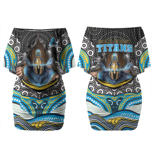 Gold Coast Titans Family Matching Off Shoulder Short Dress and Hawaiian Shirt The Scream of Lightning Eyes - Indigenous Dot Ripping Effect