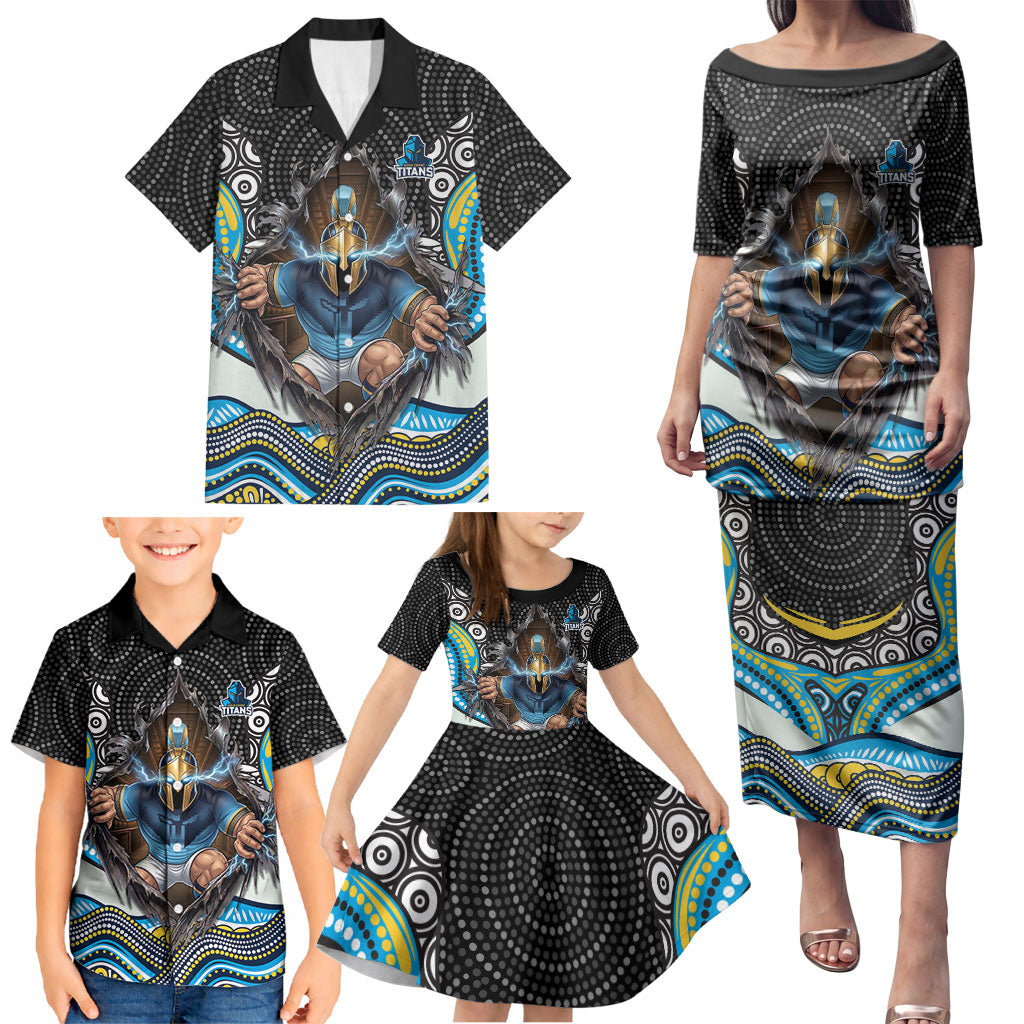 Gold Coast Titans Family Matching Puletasi and Hawaiian Shirt The Scream of Lightning Eyes - Indigenous Dot Ripping Effect