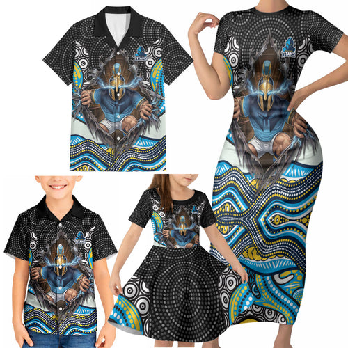 Gold Coast Titans Family Matching Short Sleeve Bodycon Dress and Hawaiian Shirt The Scream of Lightning Eyes - Indigenous Dot Ripping Effect