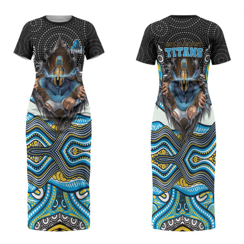 Gold Coast Titans Family Matching Short Sleeve Bodycon Dress and Hawaiian Shirt The Scream of Lightning Eyes - Indigenous Dot Ripping Effect