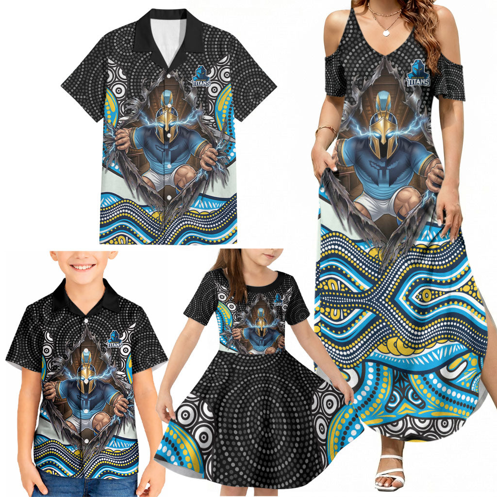 Gold Coast Titans Family Matching Summer Maxi Dress and Hawaiian Shirt The Scream of Lightning Eyes - Indigenous Dot Ripping Effect