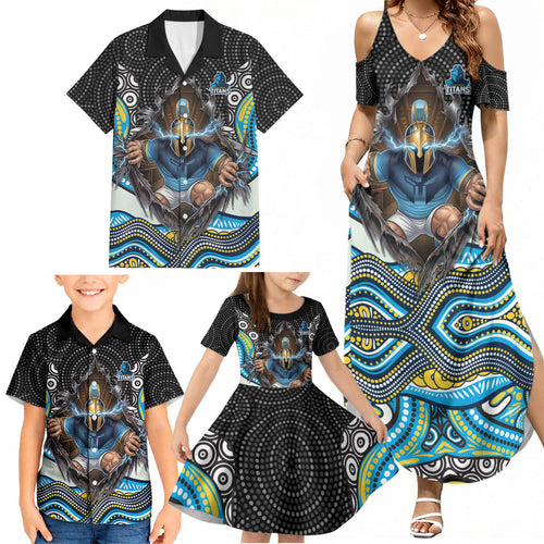 Gold Coast Titans Family Matching Summer Maxi Dress and Hawaiian Shirt The Scream of Lightning Eyes - Indigenous Dot Ripping Effect