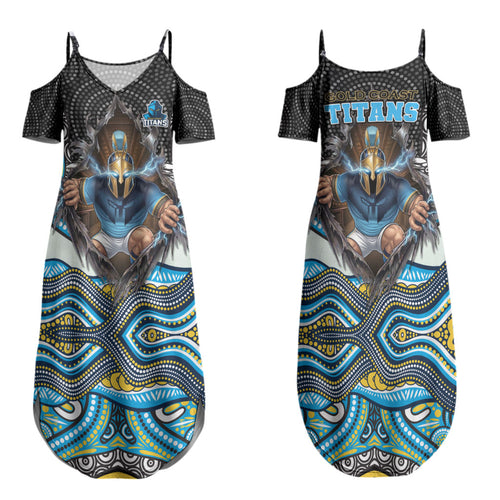 Gold Coast Titans Family Matching Summer Maxi Dress and Hawaiian Shirt The Scream of Lightning Eyes - Indigenous Dot Ripping Effect