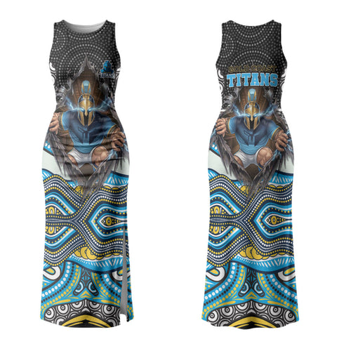 Gold Coast Titans Family Matching Tank Maxi Dress and Hawaiian Shirt The Scream of Lightning Eyes - Indigenous Dot Ripping Effect