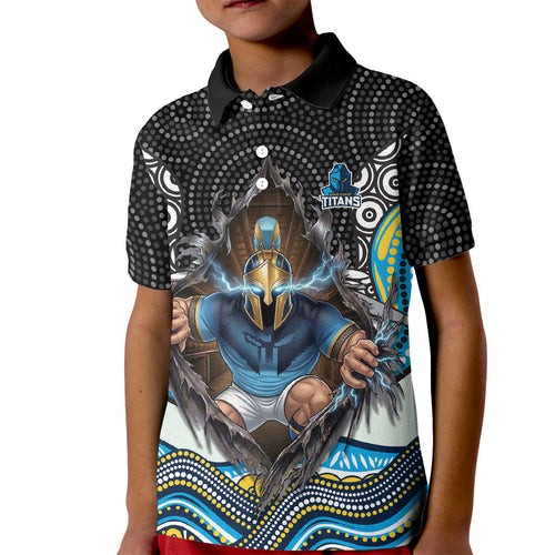 Gold Coast Titans Kid Polo Shirt The Scream of Lightning Eyes - Indigenous Dot Ripping Effect