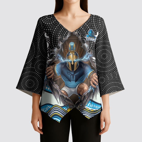 Gold Coast Titans Kimono Sleeve Blouse The Scream of Lightning Eyes - Indigenous Dot Ripping Effect