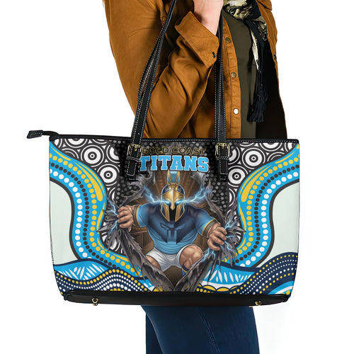 Gold Coast Titans Leather Tote Bag The Scream of Lightning Eyes - Indigenous Dot Ripping Effect
