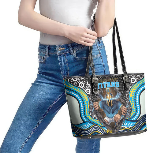 Gold Coast Titans Leather Tote Bag The Scream of Lightning Eyes - Indigenous Dot Ripping Effect