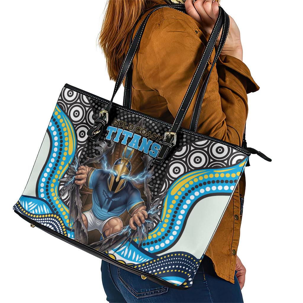 Gold Coast Titans Leather Tote Bag The Scream of Lightning Eyes - Indigenous Dot Ripping Effect
