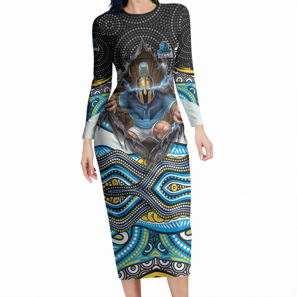 Gold Coast Titans Long Sleeve Bodycon Dress The Scream of Lightning Eyes - Indigenous Dot Ripping Effect