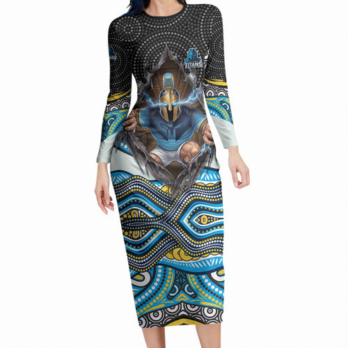 Gold Coast Titans Long Sleeve Bodycon Dress The Scream of Lightning Eyes - Indigenous Dot Ripping Effect