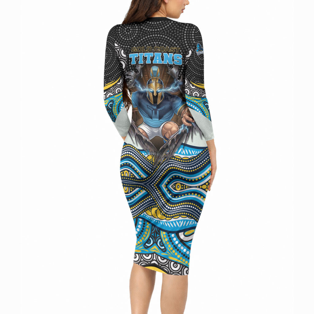 Gold Coast Titans Long Sleeve Bodycon Dress The Scream of Lightning Eyes - Indigenous Dot Ripping Effect