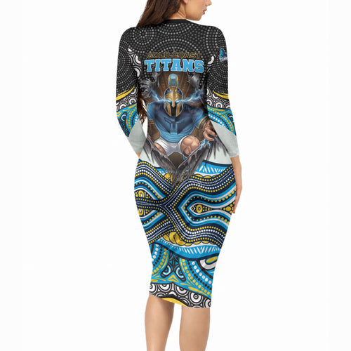 Gold Coast Titans Long Sleeve Bodycon Dress The Scream of Lightning Eyes - Indigenous Dot Ripping Effect