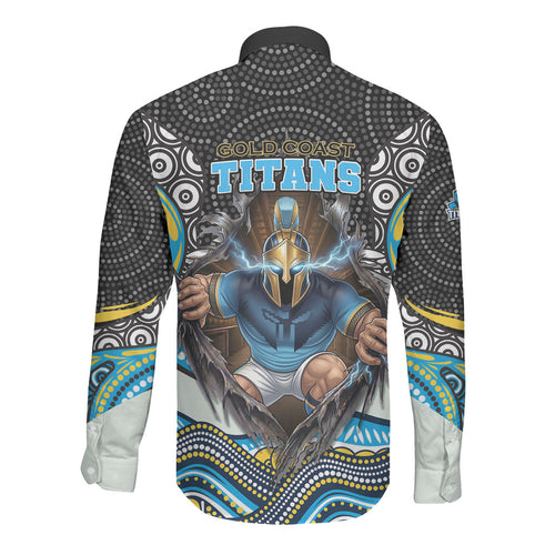 Gold Coast Titans Long Sleeve Button Shirt The Scream of Lightning Eyes - Indigenous Dot Ripping Effect