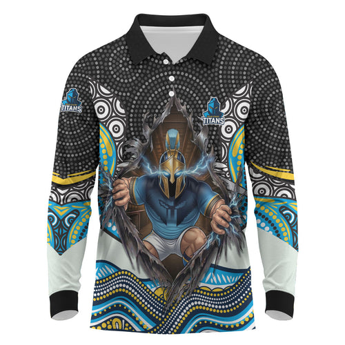Gold Coast Titans Long Sleeve Polo Shirt The Scream of Lightning Eyes - Indigenous Dot Ripping Effect