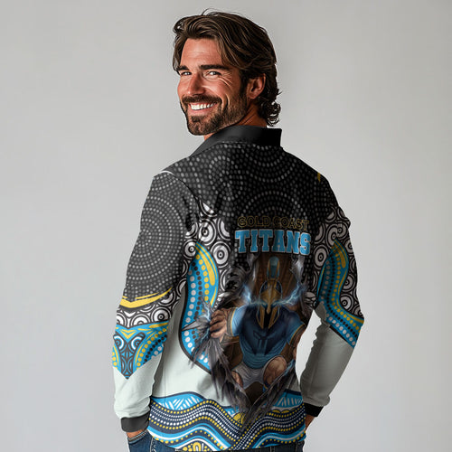Gold Coast Titans Long Sleeve Polo Shirt The Scream of Lightning Eyes - Indigenous Dot Ripping Effect
