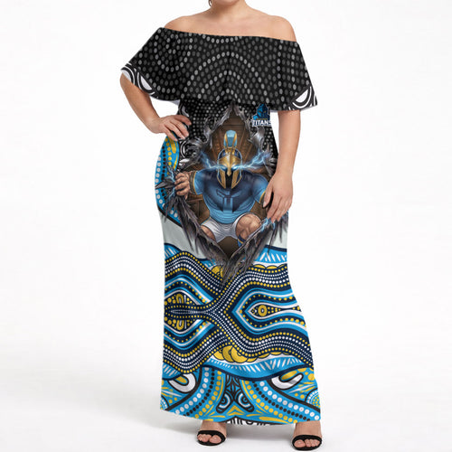 Gold Coast Titans Off Shoulder Maxi Dress The Scream of Lightning Eyes - Indigenous Dot Ripping Effect